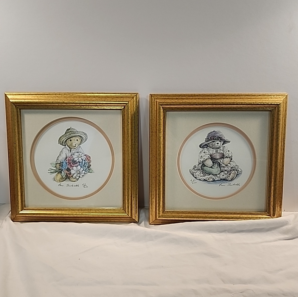 Prue Theobalds Gold Framed Print x 2 Signed Ltd Ed Nursery Child Teddy Bear Art